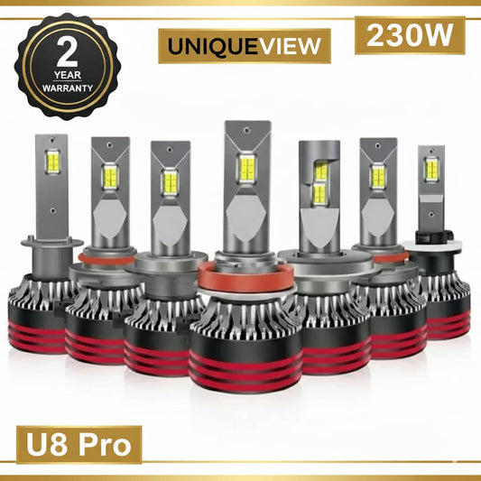 UniqueView U8 PRO 230W LED Car Headlight Bulb | 3570 CSP Chips, 2 Copper Pipes, 12000 RPM Cooling Fan, 6500K, 9-24V