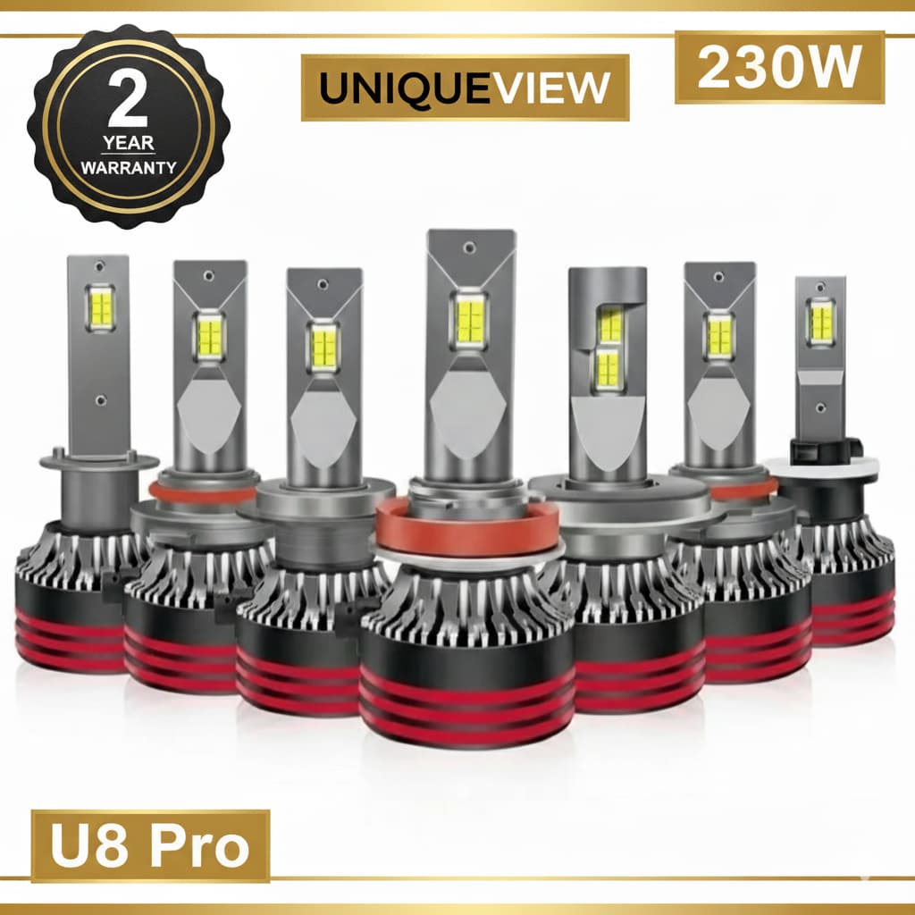 UniqueView U8 PRO 230W LED Car Headlight Bulb | 3570 CSP Chips, 2 Copper Pipes, 12000 RPM Cooling Fan, 6500K, 9-24V