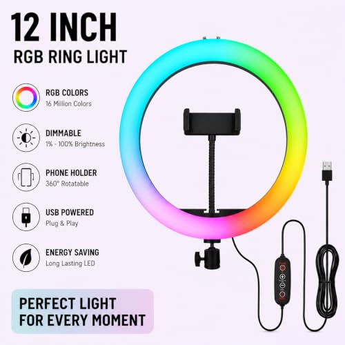 Bestor 12 Inch RGB Ring Light with Phone Holder, 3 Light Modes, 10 Brightness Levels, USB Powered LED Selfie Ring Light for Video Recording, Live Streaming, Makeup, Photography & Online Classes|B0HCBMGL1J