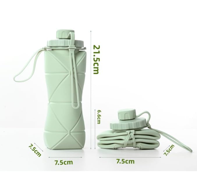 SILENCIO Silicone Water Bottle 600 ml | Foldable Leak Proof Travel Bottle | BPA Free Reusable Drinking Bottle for Gym, Trekking, Camping & Outdoor Use (GREEN)|B0GJLN8HL1