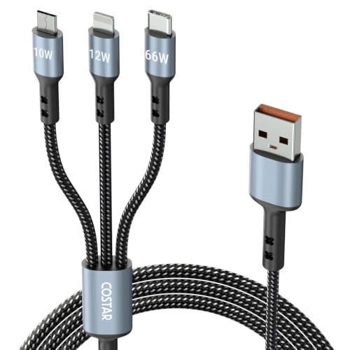 COSTAR 60W 3-in-1 Multi Fast Charging Cable – 3A Nylon Braided 1.5M Cable with Type-C & Micro USB for iPhone, iPad, Samsung, OnePlus, Xiaomi, Oppo, Vivo, Android & Car Charging (Grey)|B0D7V8KHNB