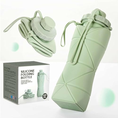 SILENCIO Silicone Water Bottle 600 ml | Foldable Leak Proof Travel Bottle | BPA Free Reusable Drinking Bottle for Gym, Trekking, Camping & Outdoor Use (GREEN)|B0GJLN8HL1