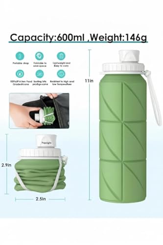 SILENCIO Silicone Water Bottle 600 ml | Foldable Leak Proof Travel Bottle | BPA Free Reusable Drinking Bottle for Gym, Trekking, Camping & Outdoor Use (GREEN)|B0GJLN8HL1