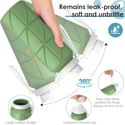SILENCIO Silicone Water Bottle 600 ml | Foldable Leak Proof Travel Bottle | BPA Free Reusable Drinking Bottle for Gym, Trekking, Camping & Outdoor Use (GREEN)|B0GJLN8HL1