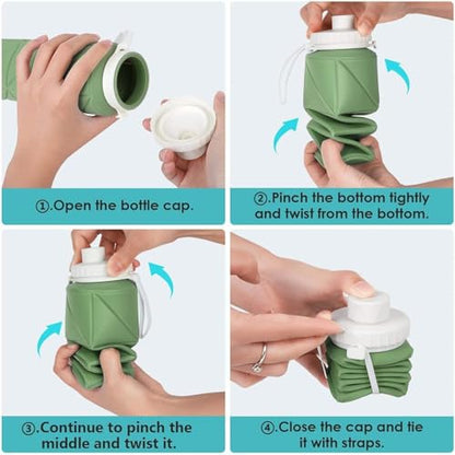 SILENCIO Silicone Water Bottle 600 ml | Foldable Leak Proof Travel Bottle | BPA Free Reusable Drinking Bottle for Gym, Trekking, Camping & Outdoor Use (GREEN)|B0GJLN8HL1