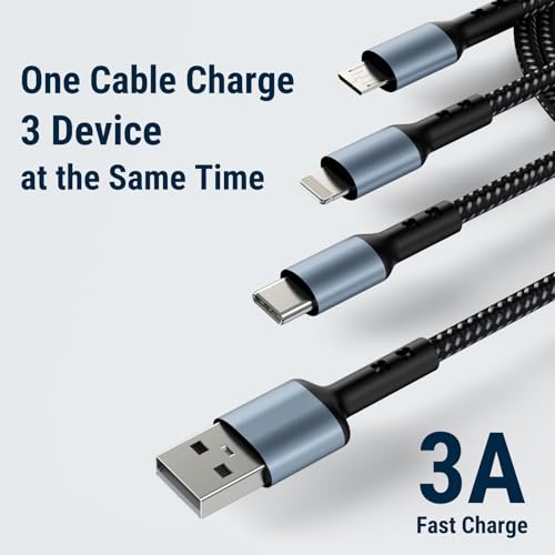 COSTAR 60W 3-in-1 Multi Fast Charging Cable – 3A Nylon Braided 1.5M Cable with Type-C & Micro USB for iPhone, iPad, Samsung, OnePlus, Xiaomi, Oppo, Vivo, Android & Car Charging (Grey)|B0D7V8KHNB