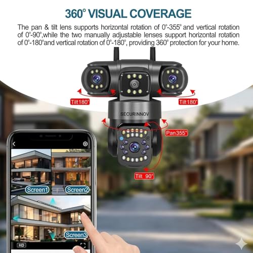 securinnov 6MP Triple Lens PTZ WiFi Outdoor Security Camera with 3-Screen Monitoring | Auto Motion Detection | Color Night Vision |Two-Way Audio Communication (Triple Lens PTZ)|B0H6TXTQ2J