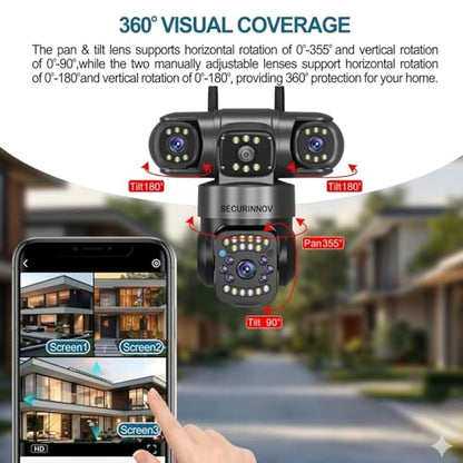 securinnov 6MP Triple Lens PTZ WiFi Outdoor Security Camera with 3-Screen Monitoring | Auto Motion Detection | Color Night Vision |Two-Way Audio Communication (Triple Lens PTZ)|B0H6TXTQ2J