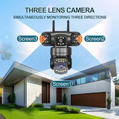 securinnov 6MP Triple Lens PTZ WiFi Outdoor Security Camera with 3-Screen Monitoring | Auto Motion Detection | Color Night Vision |Two-Way Audio Communication (Triple Lens PTZ)|B0H6TXTQ2J