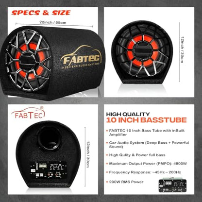 FABTEC 10 Inch Active Super Bass Tube Subwoofer for Car with Inbuilt Amplifier 4800W (Grey)|B0DP4X6S1Y