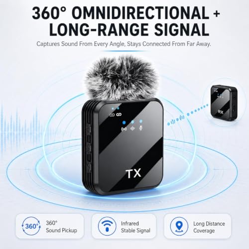 VRJTEC K205 Dual Wireless Lavalier Microphone with 360° Noise Reduction | Crystal-Clear Audio for YouTube, Vlogs, Video Recording & Meetings | Compatible with Mobile, Laptop, DSLR, GoPro & More|B0FNRK94DS