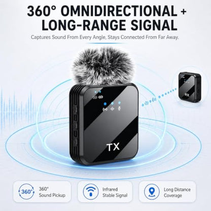 VRJTEC K205 Dual Wireless Lavalier Microphone with 360° Noise Reduction | Crystal-Clear Audio for YouTube, Vlogs, Video Recording & Meetings | Compatible with Mobile, Laptop, DSLR, GoPro & More|B0FNRK94DS