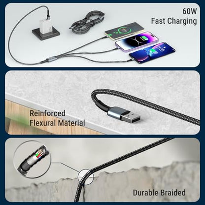 COSTAR 60W 3-in-1 Multi Fast Charging Cable – 3A Nylon Braided 1.5M Cable with Type-C & Micro USB for iPhone, iPad, Samsung, OnePlus, Xiaomi, Oppo, Vivo, Android & Car Charging (Grey)|B0D7V8KHNB