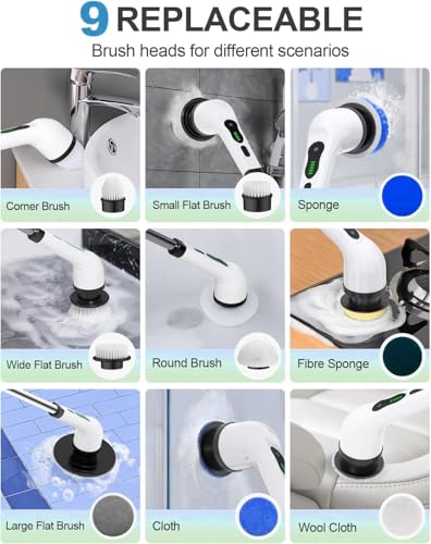 9 in 1 Electric Spin Scrubber,Cleaning Brush Scrubber for Home, 400RPM/Mins-9 Replaceable Brush Heads-90Mins Work Time,Adjustable Size,2 Adjustable Speeds for Bathroom Shower|B0H5KLJWB8
