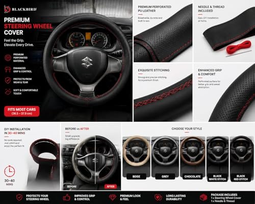BLACKBIRD Faux Leather | Stitchable Breathable | Stitchable Anti Slip Car Grip Steering Wheel Cover (Pure Black)|B0C2VKW6H9