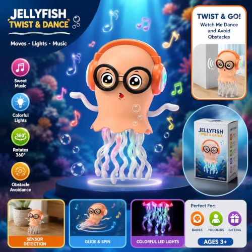 Dancing Jellyfish Toy for Kids, Jelly Fish Toy, Musical Toy with LED Lights, Moving Toys for Babies 6-12 Months, Crawling Toy, Bump & Go 360 Degree Rotating Tentacles, Electronic Toy|B0HCJYMZKM