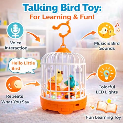 Talking Bird Toy in Cage for Kids – Interactive Sound Repeating Bird with Chirping Sounds, Hanging Bird Cage Toy, Fun Educational Gift for Boys & Girls Ages|B0H7X5NMXL