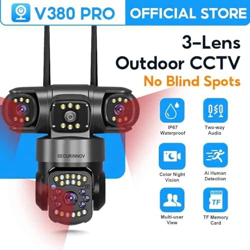 securinnov 6MP Triple Lens PTZ WiFi Outdoor Security Camera with 3-Screen Monitoring | Auto Motion Detection | Color Night Vision |Two-Way Audio Communication (Triple Lens PTZ)|B0H6TXTQ2J