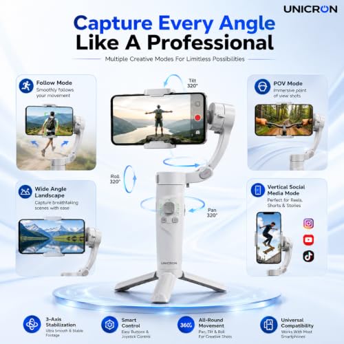 M1 3-Axis Gimbal Stabilizer for Mobile with Built-in Extension Rod & Tripod Foldable Phone Gimble for Vlogging, Reels & YouTube Video, iPhone & Android, 8hr Battery|B0H9F586TG
