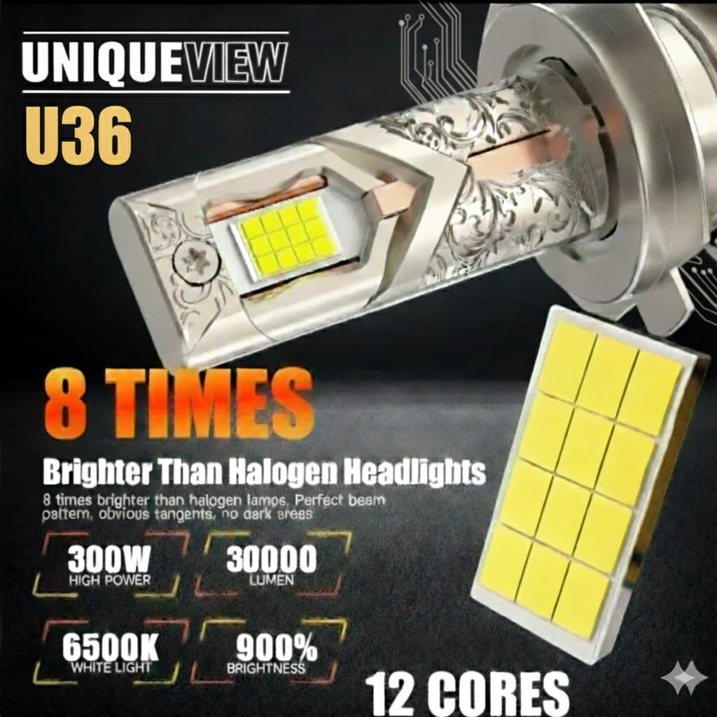 UniqueView U36 300W LED Car Headlight Bulb | 4575 CSP Chips, 4 Copper Tubes, 18000 RPM Silent Fan, 6500K, 9-24V