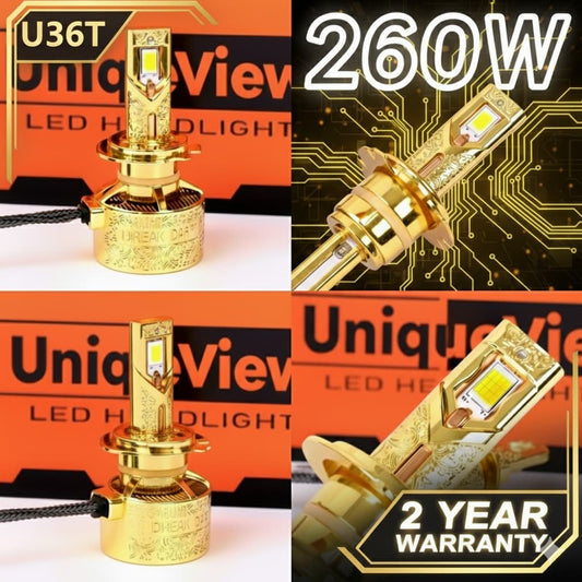 UniqueView 260W Smart LED Car Headlight Bulb with Bluetooth App Control, 4575 CSP Chips, 4 Copper Tubes, 3000K-6500K, 9-24V