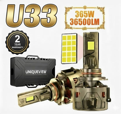 UniqueView U33 365W LED Car Headlight Bulb | 5080 CSP Chips, 3 Copper Tubes, 18000 RPM Silent Fan, 6500K, 9-24V
